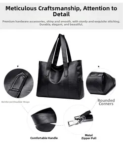Detail view of reinforced straps and metal zippers on a large black PU leather tote bag