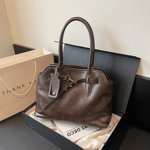 Vintage dark brown large tote bag in gift box with decorative buckle and long handles