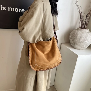 Brown frosted large capacity shoulder tote bag with woven trim and white contrast stitching