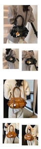 Detailed view of vintage multi-pocket PU leather bowling bags in black and glossy brown