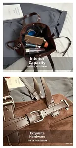 Detail showing the large interior capacity and exquisite metal hardware of the brown tote bag