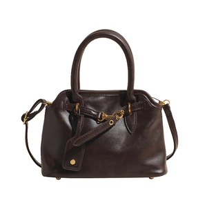 Retro deep brown large capacity leather tote bag with gold equestrian buckle and shoulder strap