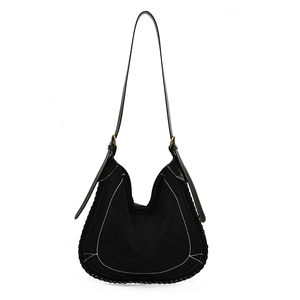Vintage large capacity black faux suede tote bag with white contrast stitching