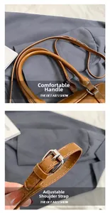 Detail showing the comfortable top handle and adjustable shoulder strap of a brown PU bag