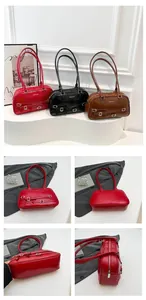 Three minimalist PU leather shoulder bags in red, black, and brown with metal buckles