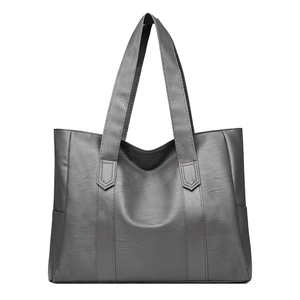 Minimalist large capacity dark grey PU leather tote bag with vertical stitching