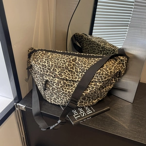 Women Leopard Print Canvas Chest Bag Large Capacity Adjustable Strap Casual Streetwear Crossbody Waist Bag