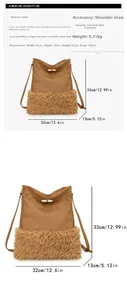 Size guide for suede bucket bag showing 32cm width and faux fur trim details