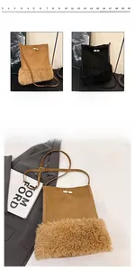 Detail view of khaki and black fringe bucket bags with faux shearling and horn buckle