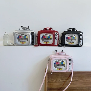 Retro TV-shaped crossbody bags for women in silver red black and pink colors