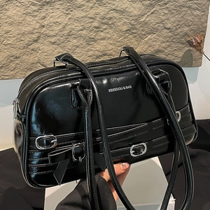 Women Shoulder Underarm Bag Retro Shiny PU Leather With Metal Buckle And Bow Decor For Daily Commute Versatile
