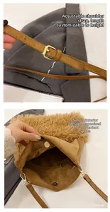 Detail of adjustable leather strap and inner zip pocket on brown suede bucket bag