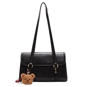 Chic black PU leather crossbody square bag with cute bear charm and dual shoulder straps