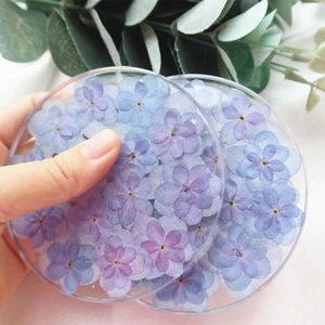 Handmade clear resin coasters with real purple dried flowers in a circular design