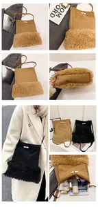 Detailed interior capacity of fringe bucket bag with horn toggle and suede plush texture