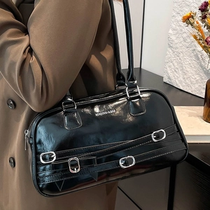 Glossy black PU leather shoulder bag with buckle details and vintage baguette design