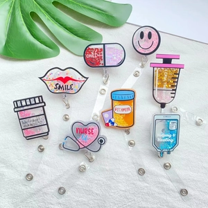 Retractable Badge Reel Acrylic Quicksand Glitter Cartoon Medical Shapes Nurse ID Card Holder Office Hospital Accessories