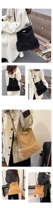 Detailed view of winter bucket bag featuring faux fur trim and toggle horn closure detail