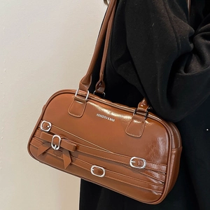 Vintage caramel PU leather underarm bag with silver buckles and decorative side bows