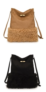 Detail view of suede bucket bag with faux fur trim and toggle closure in brown and black
