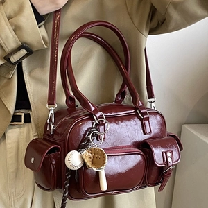 Women Boston Shoulder Bag Shiny PU Leather Multi Pocket Retro Bowling Handbag With Removable Baseball Charm Crossbody