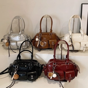 Minimalist PU bowling bag set in five colors with sporty pendants for women