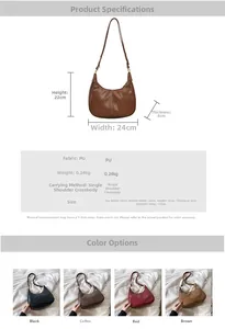 Spécifications de taille pour un sac hobo rétro avec dimensions et options de couleurs variées
