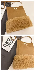 Detail of camel suede bucket bag with faux fur trim and toggle closure for autumn style