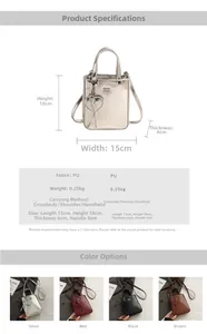 Size chart for silver PU crossbody bag with 15x18x6cm dimensions and color options