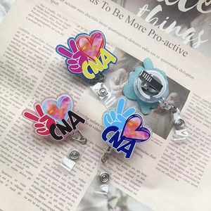 Retractable Badge Reel Acrylic CNA Nursing Assistant ID Card Holder Heart Peace Sign Glitter Swivel Clip Office Accessory