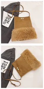 Detail of suede bucket bag with faux shearling trim and toggle button closure