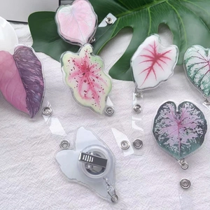 Retractable leaf pattern badge reels for nurses and students with acrylic plant designs
