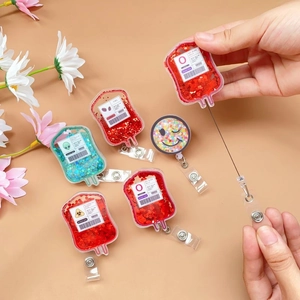 Retractable Badge Reel Acrylic Glitter Shaker ID Card Holder Blood Bag Medical Novelty For Nurses Doctors