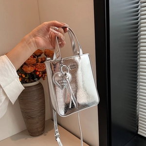 Women Mini Tote Crossbody Bag Glossy PU Leather Metallic Small Square Handbag With Heart Pendant For Daily Wear