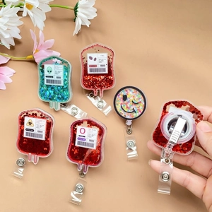 Acrylic blood bag retractable badge reels with glitter shaker and nurse smiley face