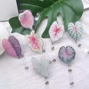 Retractable Badge Reel Acrylic Plant Leaf Pattern ID Card Holder For Nurse Student Caladium Shape Name Tag