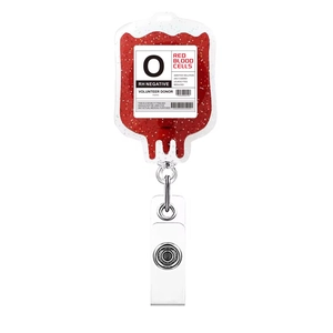 Detail of retractable blood bag badge reel with red glitter fluid and medical label
