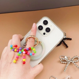 Beaded bow-shaped phone charm and grip with metallic snap hook in various colors