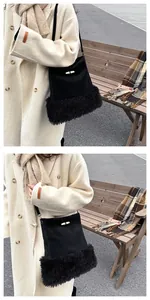 Detail of the black suede bucket bag with faux fur trim worn with a winter coat