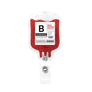 Macro detail of retractable blood bag badge reel with glitter and B-type medical text