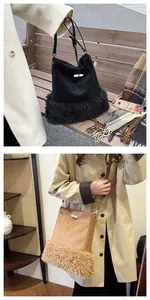 Detailed view of suede bucket bag with faux fur trim and toggle closure detail