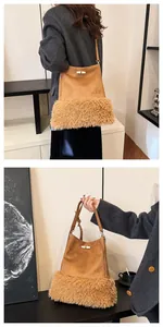 Detail of suede bucket bag featuring faux fur trim and elegant cream horn buckle closure