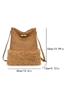 Detailed dimensions of suede bucket bag with wool stitching and wooden toggle closure
