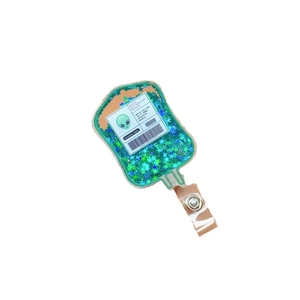 Alien blood bag retractable badge reel with green liquid glitter and holographics