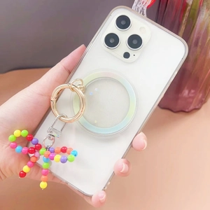 Close-up of MagSafe clear case with a colorful handmade beaded bow keychain accessory