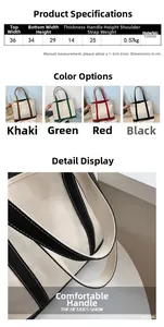 Detailed size chart and dimensions of the canvas tote bag showing height and width info