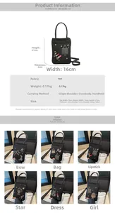 Detail showing various embroidered designs on black nylon mini crossbody bags for women