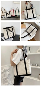 Detailed views of minimalist large canvas tote bags in black, red, and green contrast colors
