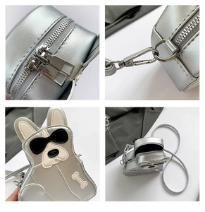 Détails d'un sac bandoulière bouledogue français argenté en cuir PU métallisé avec fermetures