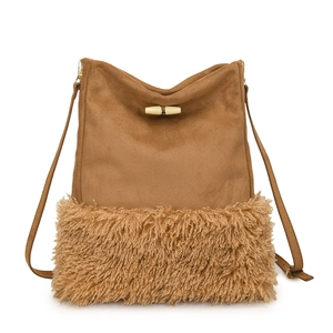 Brown suede bucket bag with long faux fur trim and toggle closure for winter style